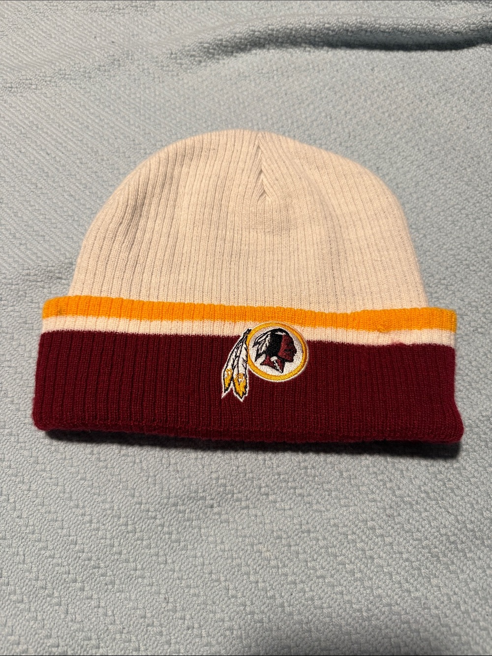 NFL Beanie Hat in Cream, Burgundy and Gold with Team Patch